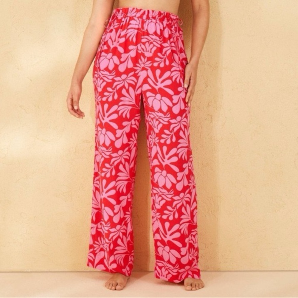 Shade & Shore Ruffle Waist Cover-Up Pants in a red and pink tropical floral